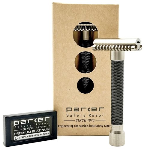 Parker Double Edge Safety Razor - Adjustable Open Comb for Customized Shaving | 5 Blades Included (Graphite Gray)