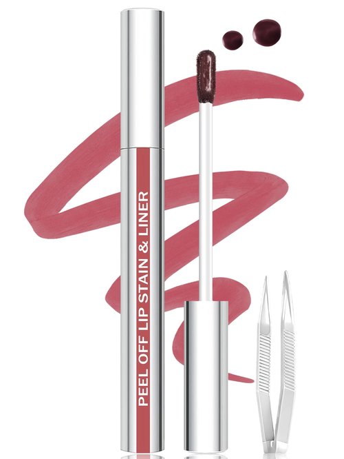 QCMME Lip Stain Peel Off Lip Liner Stain with Tweezer, Long Lasting Matte Lip Tint Tattoo, Highly Pigmented Color Lip Makeup, Waterproof Lipstick, Transfer-proof Lipstain for Women, Cool Rose