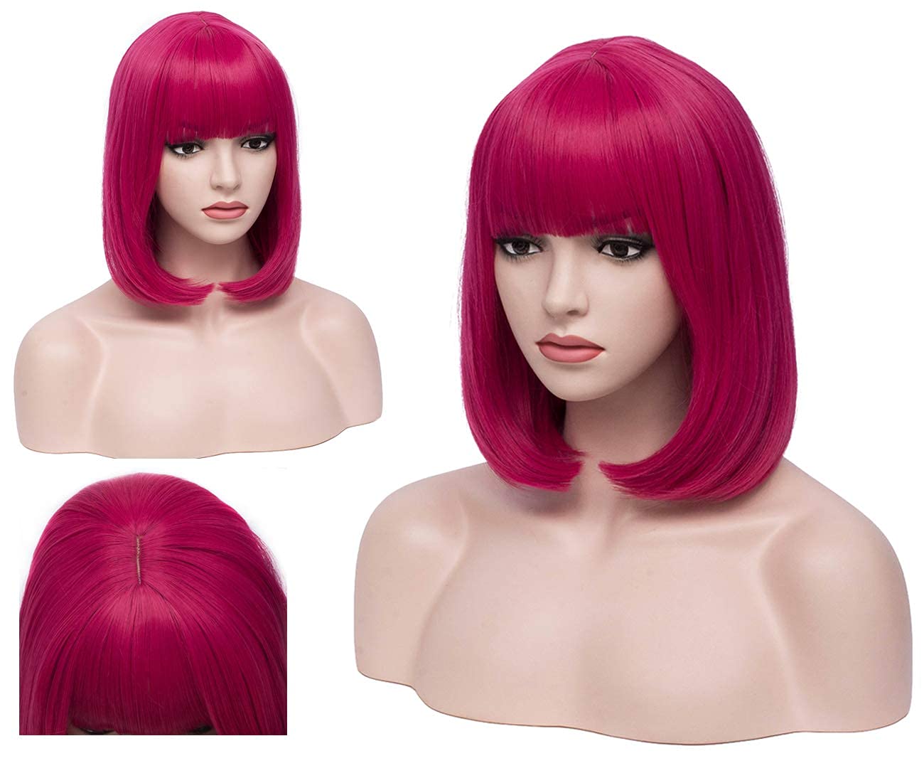 BERON 12 Inches Dark Pink Wig Short Straight Bob Hot pink Wig with Bangs for Women Halloween Cosplay or Daily Use Wigs (Dark Pink)