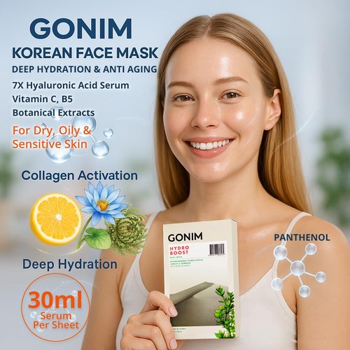 GONIM Korean Face Mask - Hydrating Sheet Mask with Hyaluronic Acid & Collagen | 15 Sheets