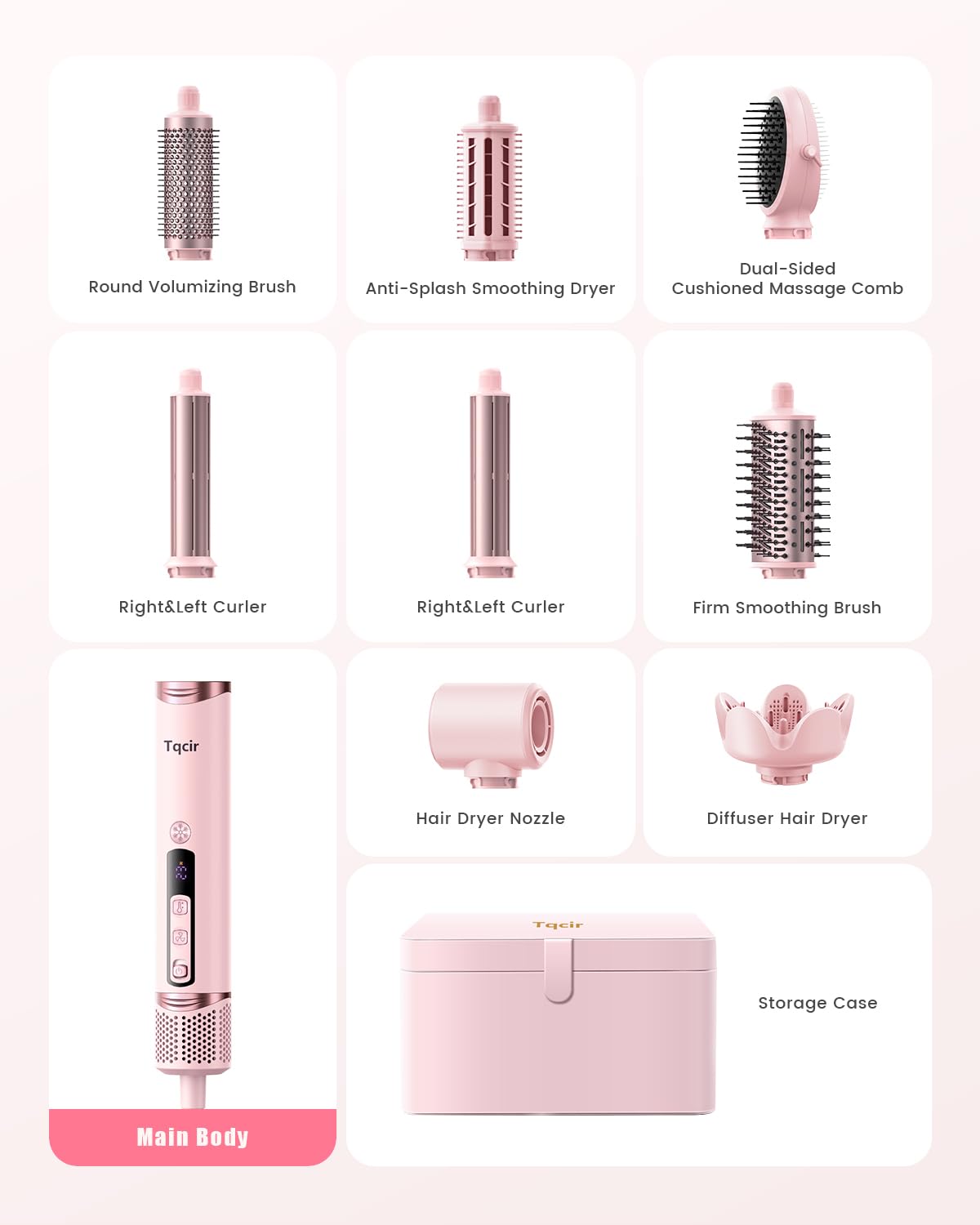 Tqcir 8-in-1 Professional Hot Air Styler - Powerful Multi-Styler with Auto-Wrap Curler | Pink