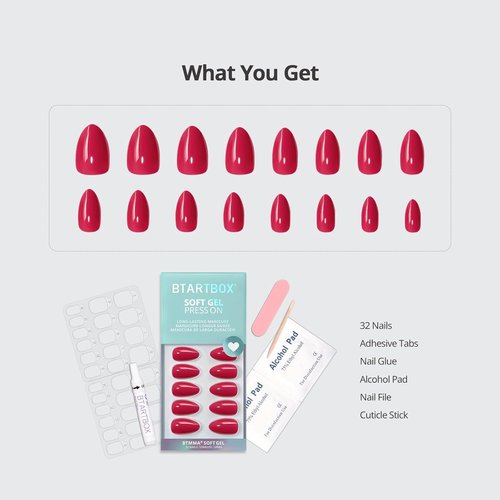 BTArtbox Press On Nails - Raspberry Red Almond Shape | 32 Opaque Soft Gel Nails in 16 Sizes