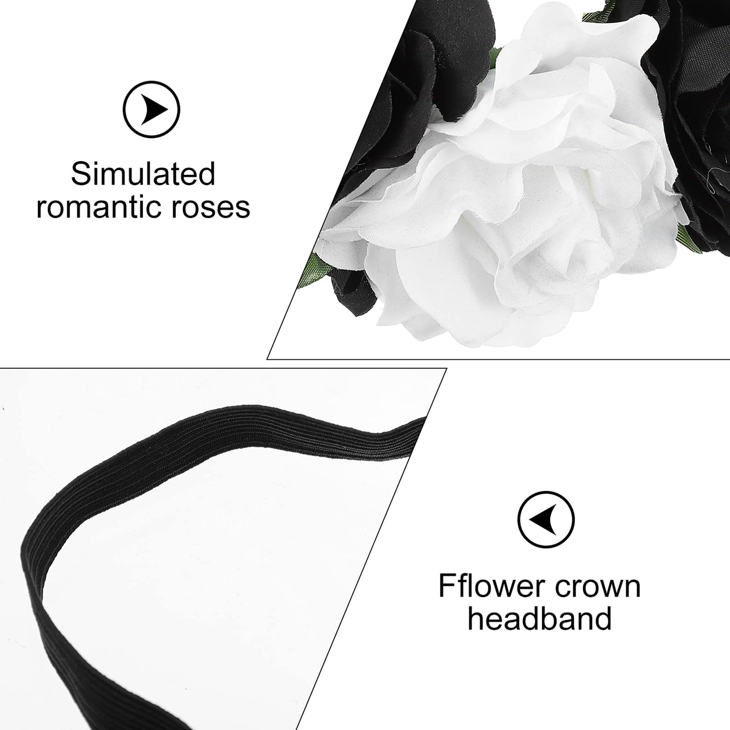 Lurrose Halloween Flower Headband Day of The Dead Flower Hair Band Rose Flower Crown Floral Headpiece for Halloween Wedding Party, Black White