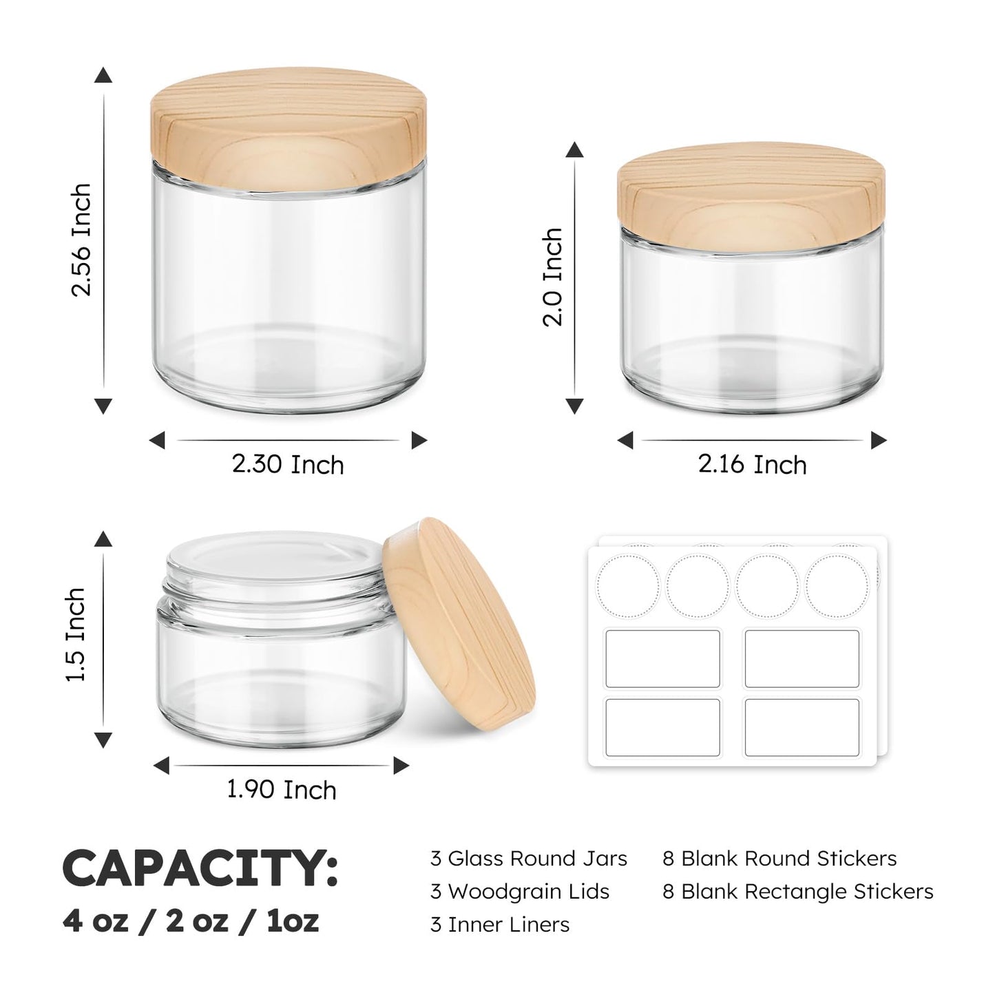 Glass Cosmetic Jars with Plastic Woodgrain Lids, 4 oz, 2 oz 1 oz Small Glass Storage Jars with Lids & Stickers, Reusable Clear Travel Containers for Creams, Lotion, Balms, Ointment 3 pack