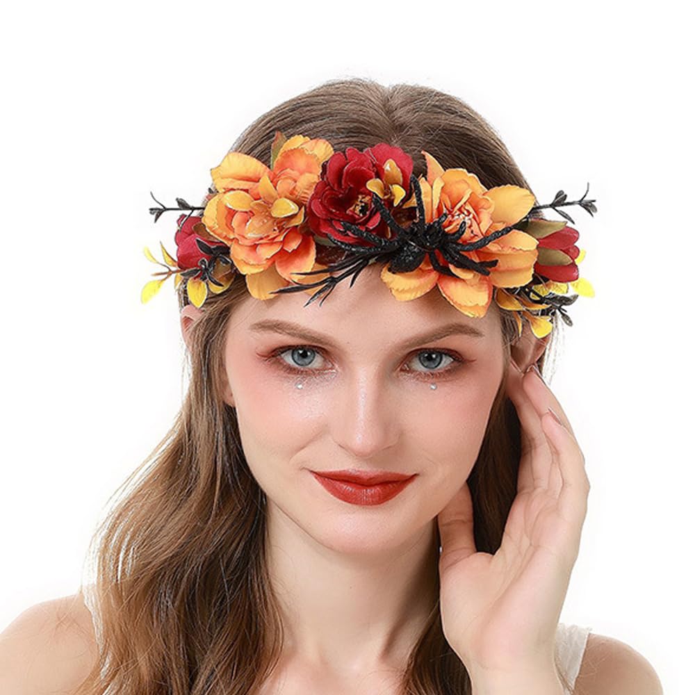 Bubbmi Mexican Orange Flower Crown Headband with Spider, Day of the Dead Headpiece, Halloween Festival Headwear, Dia De Los Muertos Hairhoop (Mexican H)