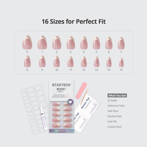 BTArtbox French Tip Press On Nails - Sunprint Dress, Lamp-Curable 4-Week Wear Pink Short Almond Press On Nails with Glue and Adhesive Tabs, Easy-to-Apply in 16 Sizes - 32 Nails All-in-One Kit