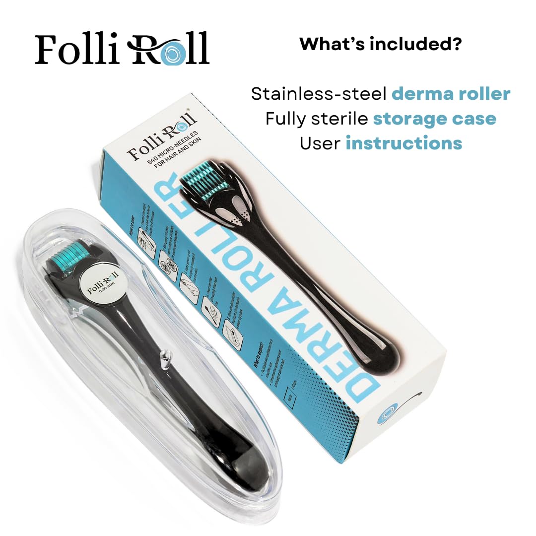 FOLLIROLL Derma Roller - 540 Microneedles for BEARD, HAIR & SKIN | Microneedling Roller for Men and Women - for Face & Scalp Derma Stamp - FREE STORAGE CASE (Blue, 0.30mm)