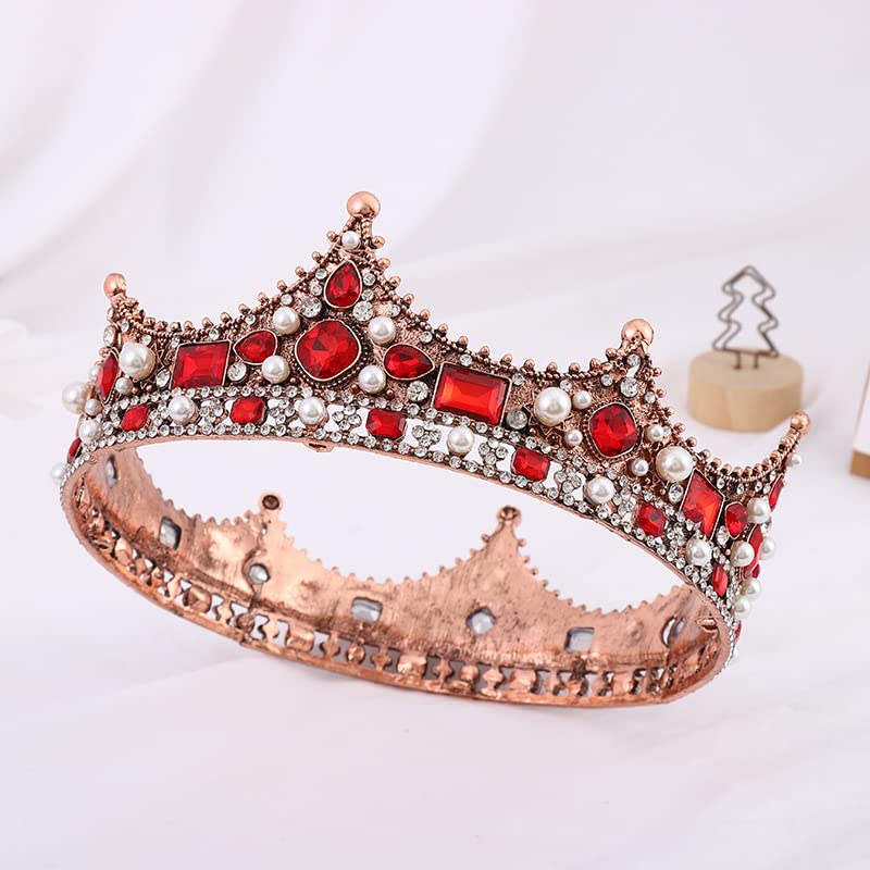 King Crystal Wedding Tiara Vintage Rhinestone Crown Hair Bands For Men Birthday Prom Pageant Hair Accessories (Bronze With Red Stone)