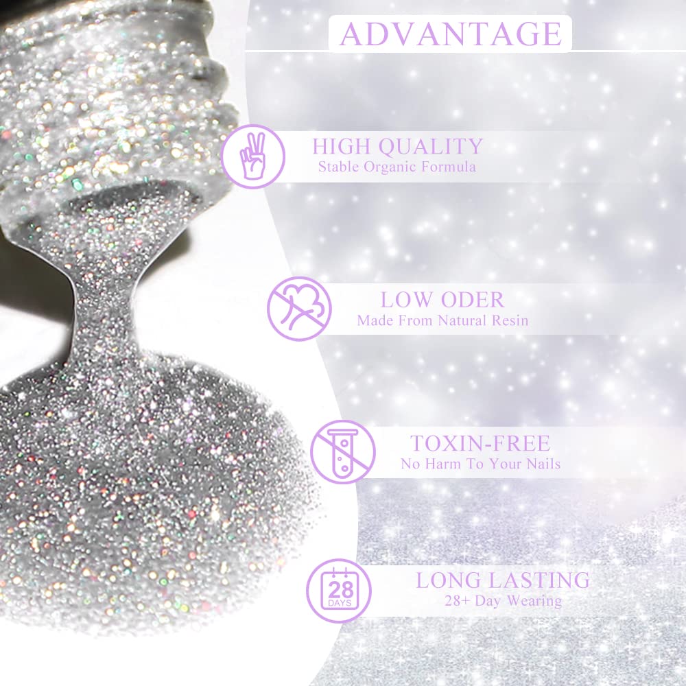 MIZHSE 6 Glitter Gel Nail Polishï¼?6 Holographic Gel Nail Polish, Sparkle Shiny Glitter Gel Polish Glossy Nail Lacquer Rainbow Iridescent Nail Pigment Soak Off Nail Art Gift for Ladies