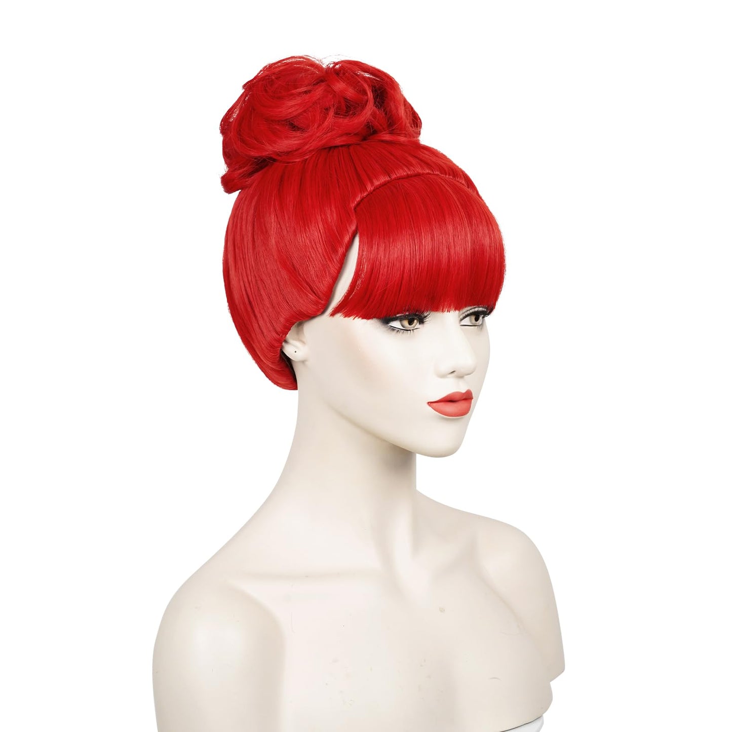 Red Wig with Bangs Bun for Women, Miss Dead Receptionist Costume Wig + Wig Cap for Halloween Argentina Costume Cosplay