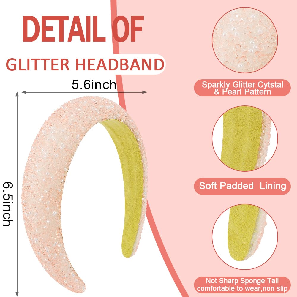 AHONEY 2 Pack Rhinestone Headband for Women Girls, Glitter Sequin Beaded Pearls Padded Headbands for Women Prom Christmas Sparkly Hair Bling Birthday Hair Accessories (Yellow&Orange)