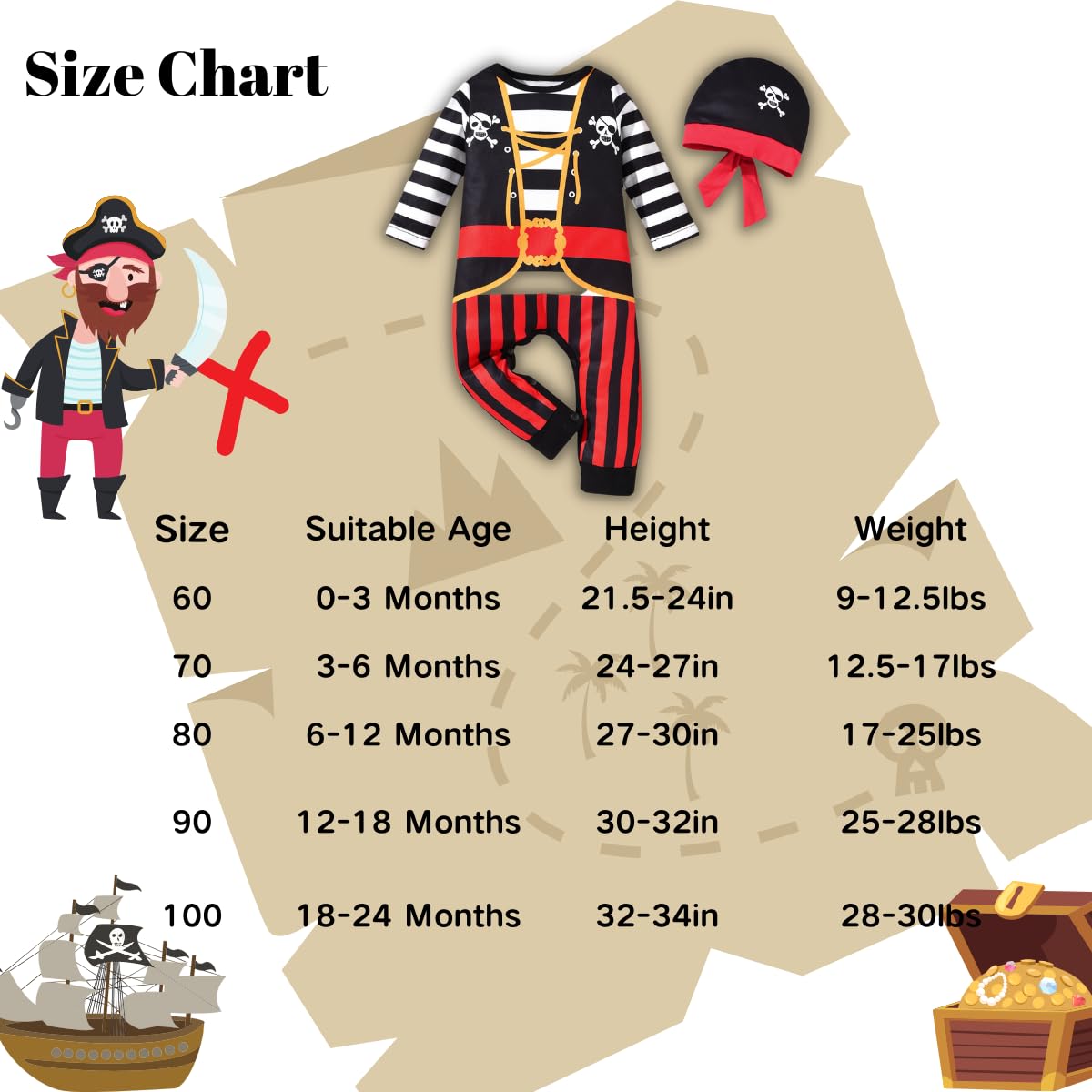 3-6 Months Infant Baby Boys Halloween Outfit Skull Clothes Stripe Long Sleeve Bodysuit with Hat