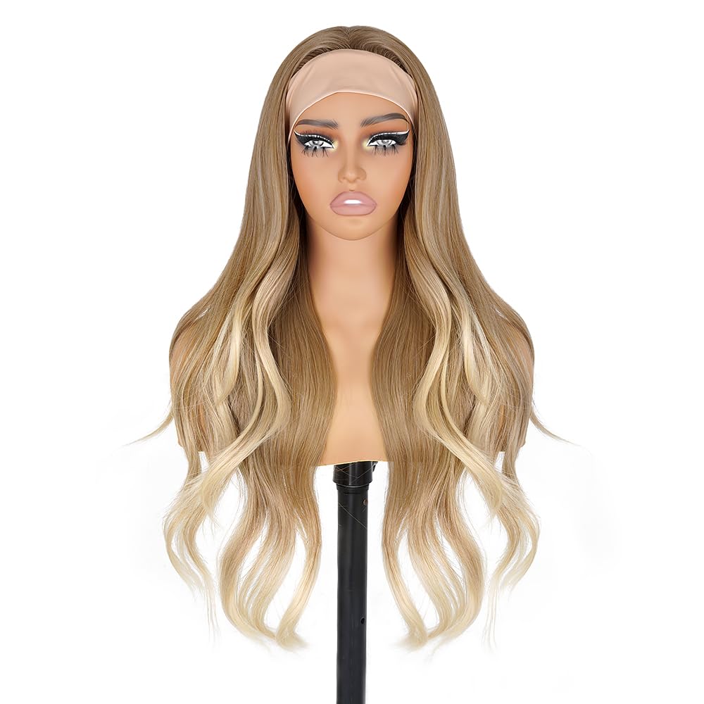 Long Wavy Headband Wigs for White Women, Gluless Wear and Go Half WIg, Natural Looking Synthetic Wig with Headband Attached Heat Resistant (Ombre Ash Blonde)