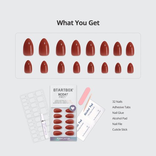 BTArtbox Press On Nails Short - Lamp-Curable Almond Press On Nails with Glue for Women, Semi-Transparent Soft Gel Glue On Nails in 16 Sizes - 32 Stick On Nails Kit, Spill Tea