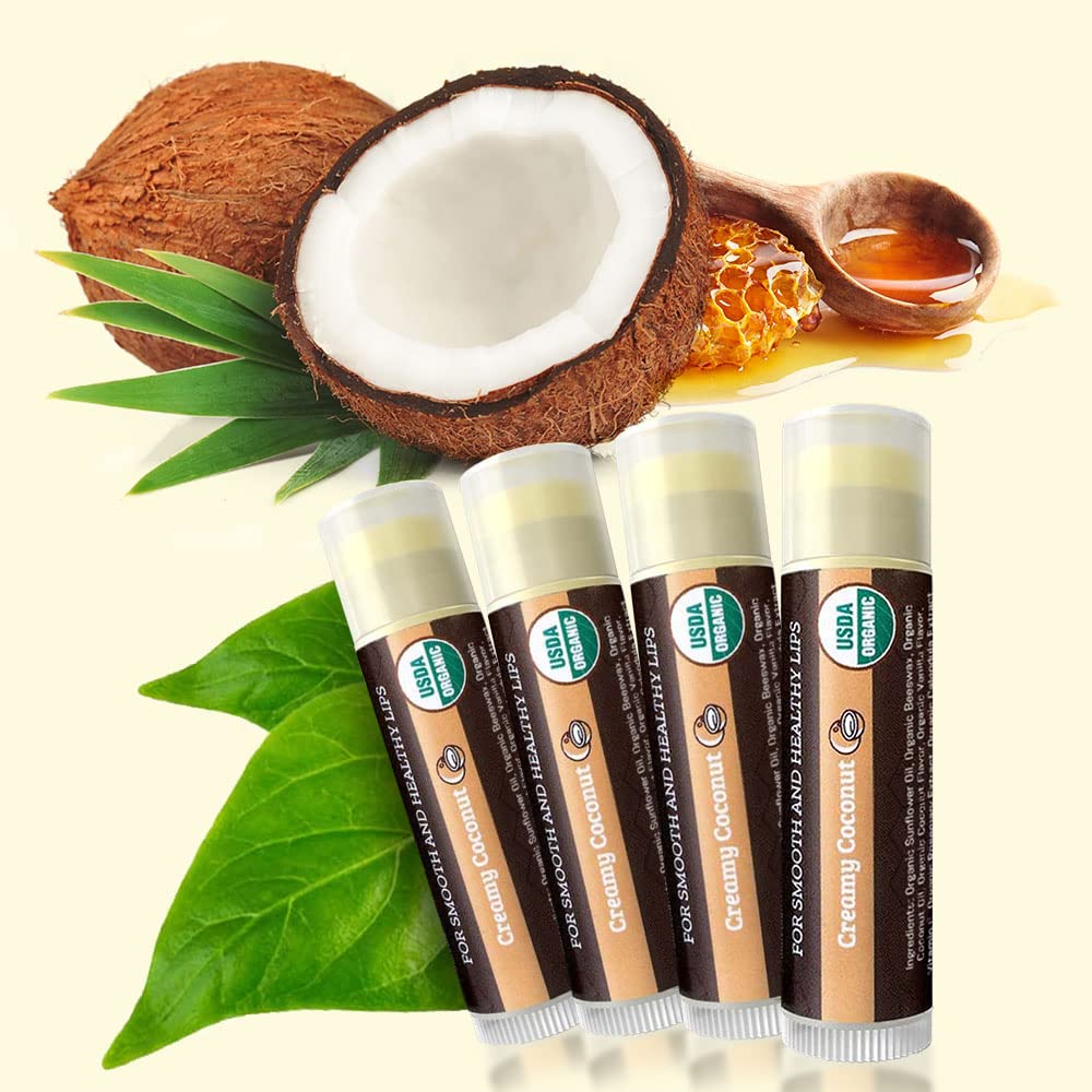 Earth's Daughter USDA Organic Lip Balm - Creamy Coconut Flavor | Beeswax & Vitamin E for Dry Lips - 4-Pack