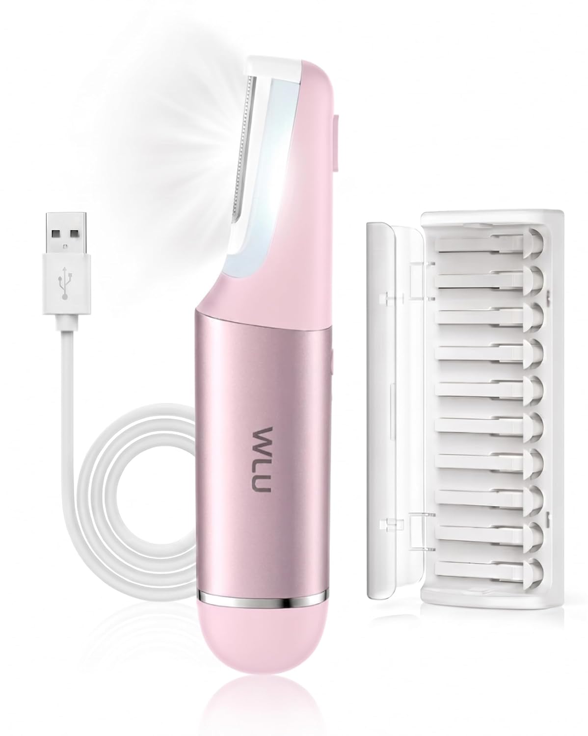 WLU Dermaplane Razor - Sonic Facial Hair Removal Tool for Women | Includes 10 Replaceable Blades (Pink)