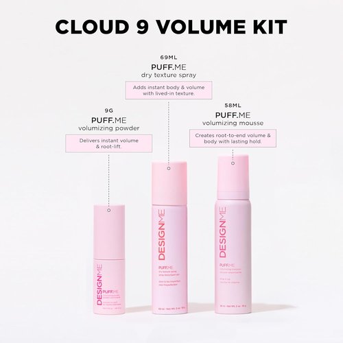 DESIGNME Cloud 9 Volume Kit - Hair Mousse, Dry Texture Spray & Volumizing Powder | Boost Volume & Fullness for All Hair Types