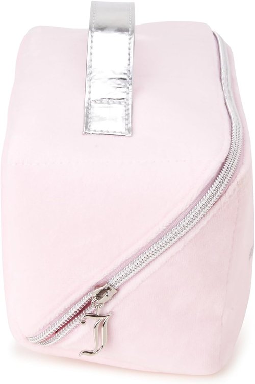Juicy Couture Pink Makeup Bag - Velour Cosmetics Organizer with Rhinestone Handle for Travel Essentials