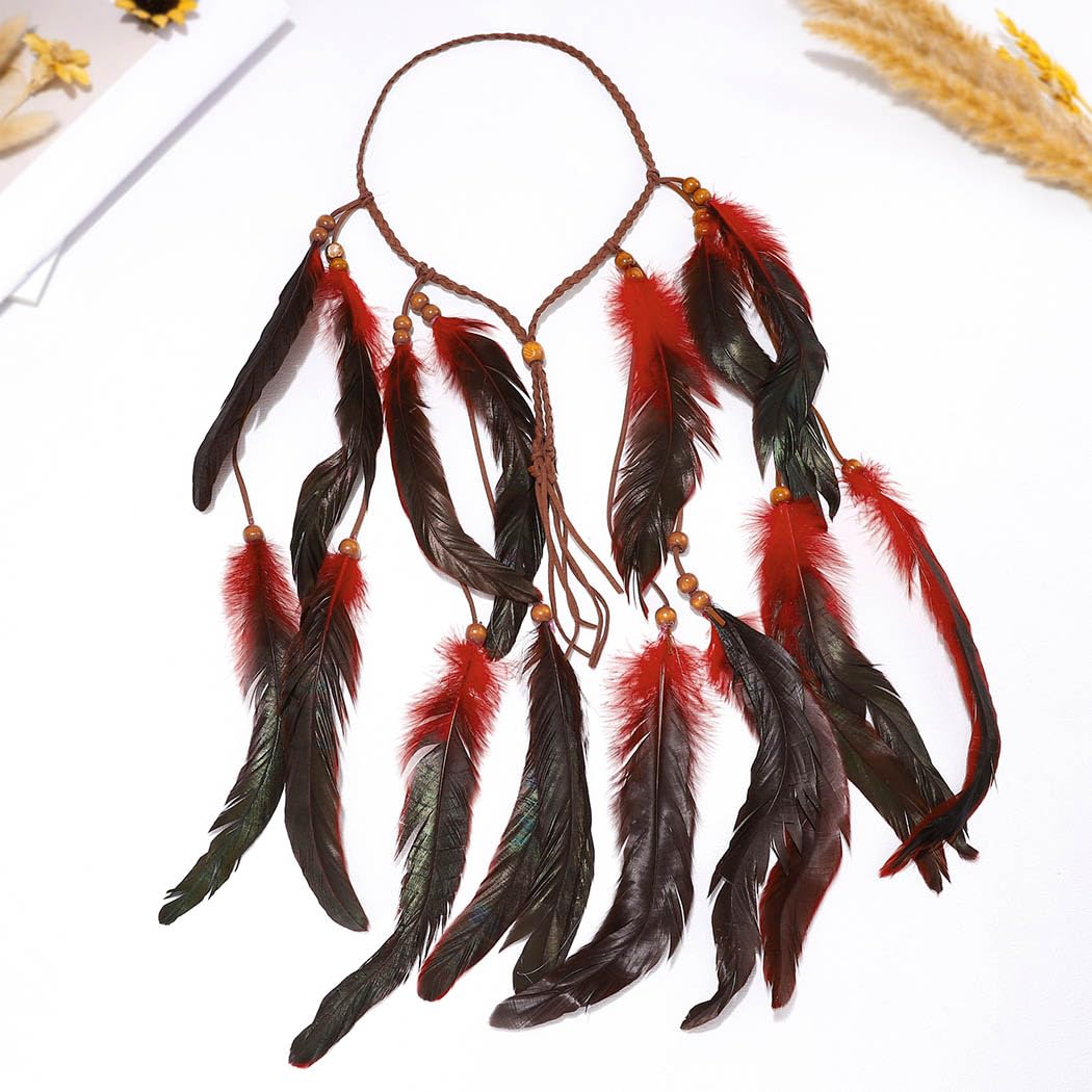 GORTIN Boho Feather Headband Hippie Headband Gypsy Feather Headpiece Indian Costume Headwear Hair Accessory for Women (B-Red, One size)