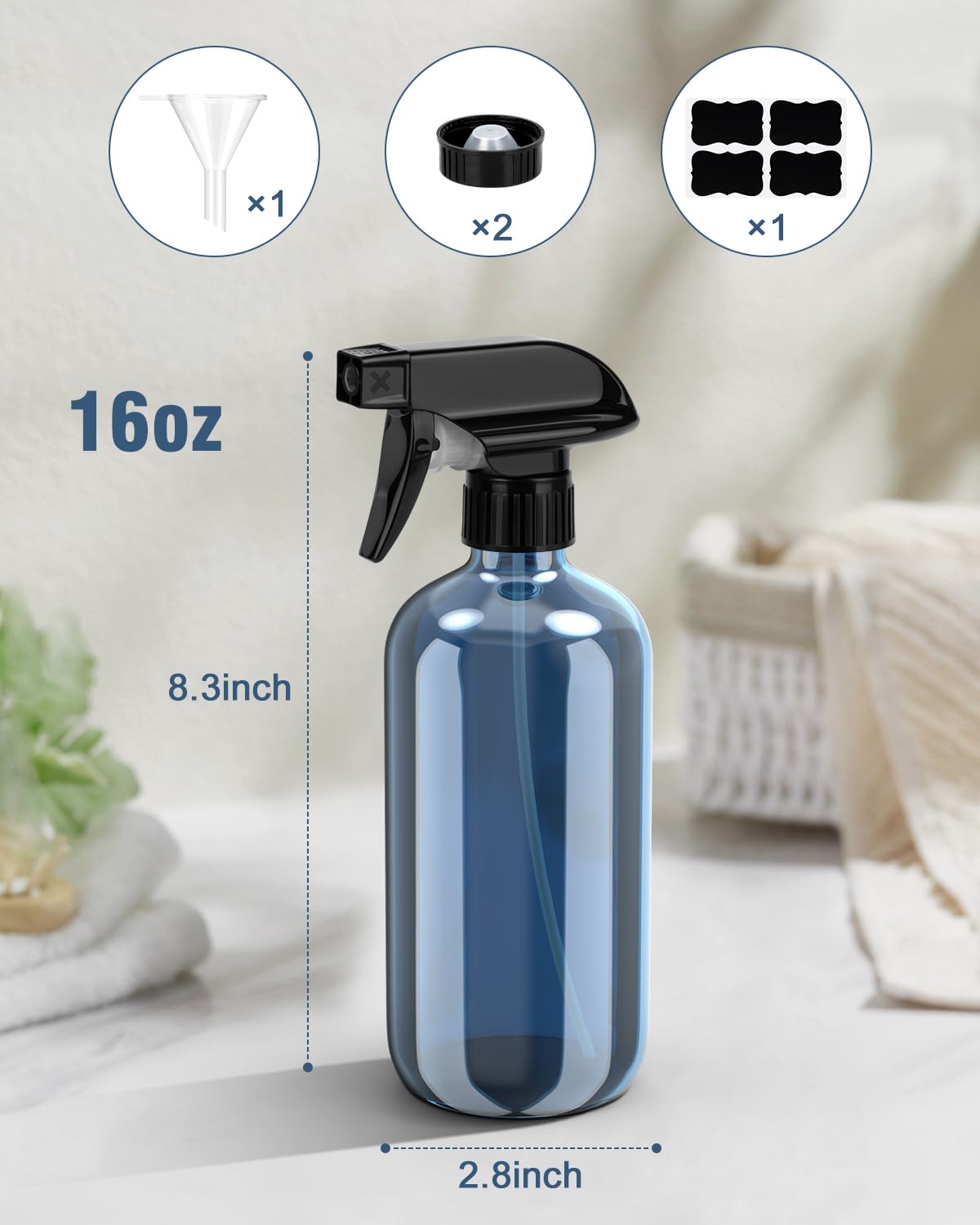 Glass Spray Bottle, Indigo Blue Glass Spray Bottle Set & Accessories for Non-toxic Window Cleaners Aromatherapy Facial Hydration Watering Flowers Hair Care (2 Pack/16 oz)(Indigo)