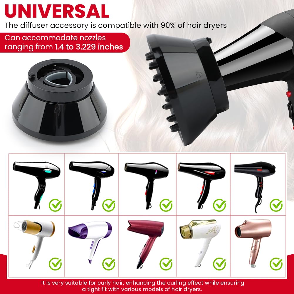 Universal Hair Dryer Diffuser by [Brand Name] - Professional Attachment for Curly & Wavy Hair | Adjustable 1.4-3.2 Inch, Black