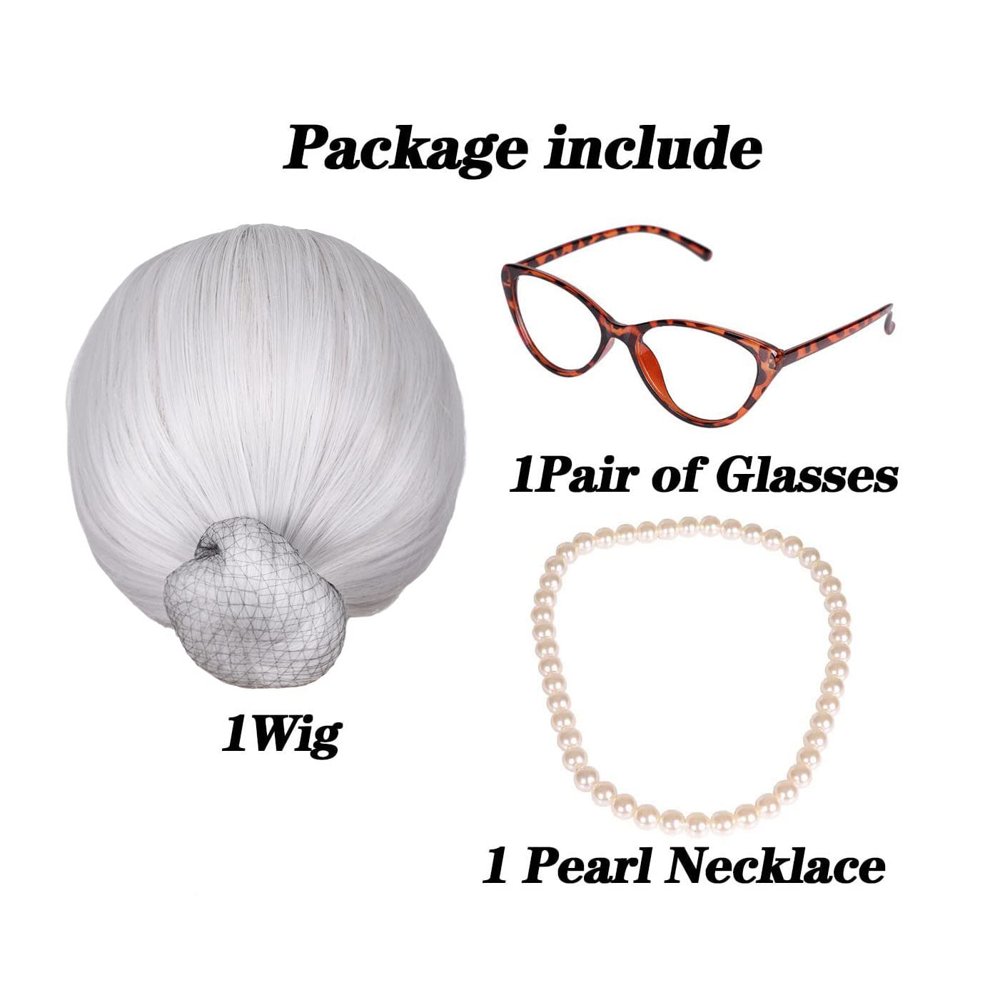 White Old Lady Costume Wig with Bun with Granny Glasses and Pearl Necklace for Halloween Party for Girl Kid