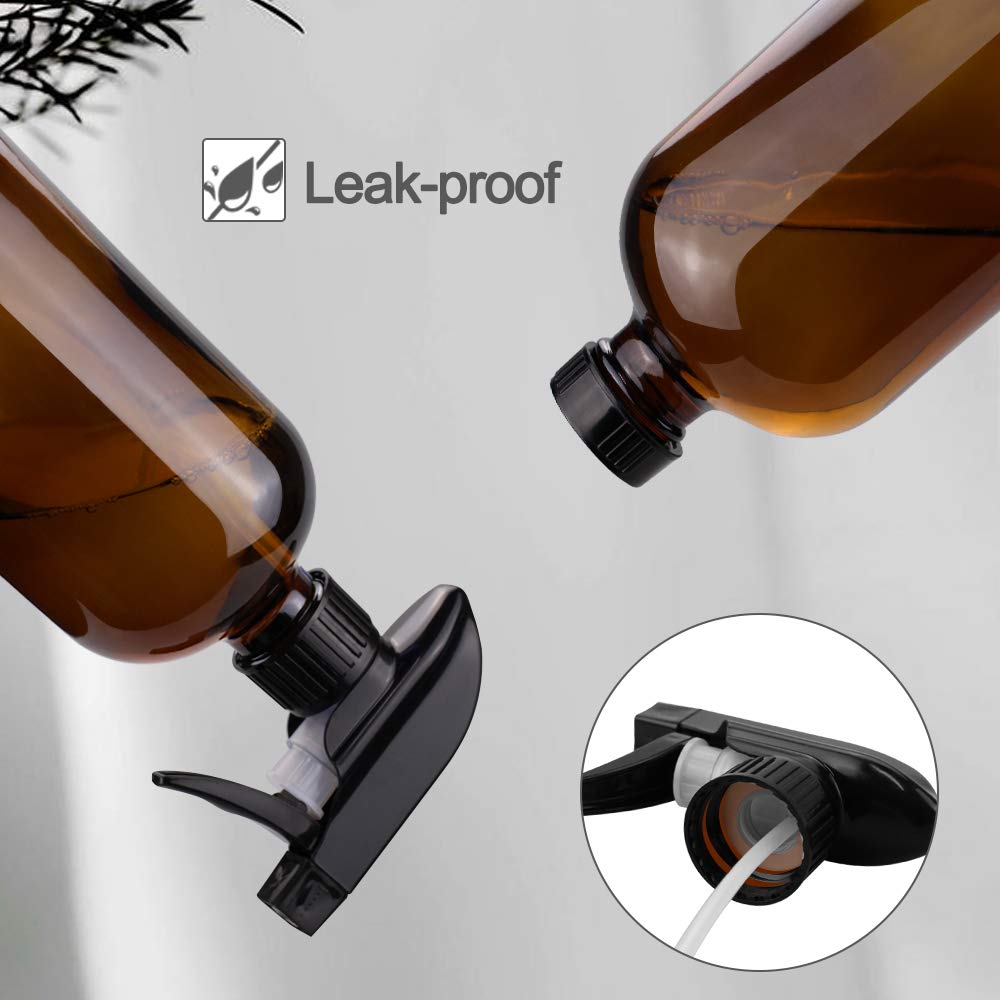 Worldgsb 16oz Amber Glass Spray Bottles - Reusable with Labels & Adjustable Nozzle for Cleaning, Food, Plants