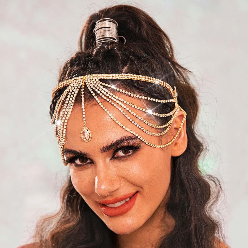 JEAIRTS Layered Rhinestone Headband Tassel Crystal Forehead Hair Band Sparkly Bridal Hair Jewelry for Women (2-Gold, Free Size)