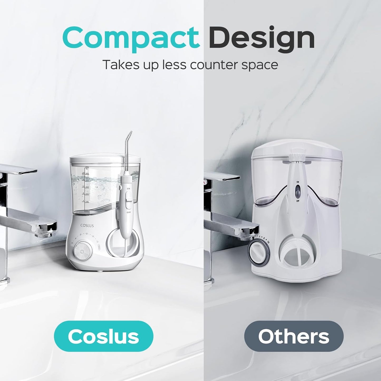 COSLUS E1 Electric Water Flosser - Professional Dental Pick for Orthodontics & Sensitive Gums | 12 Pressure Settings & 5 Tips, White