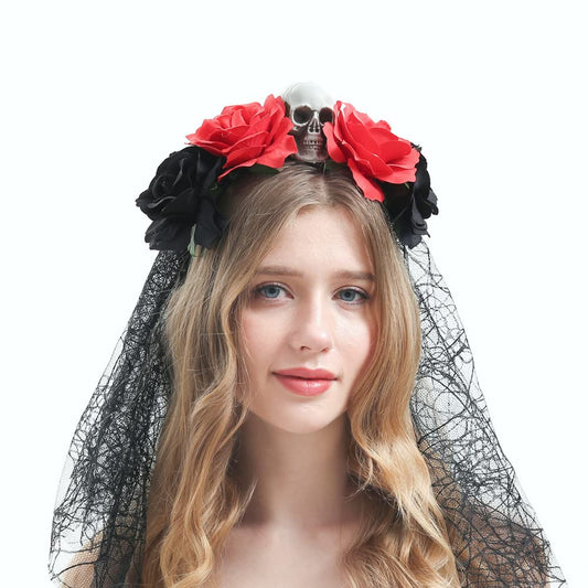 Bubbmi Mexican Rose Flower Crown Headband with Black Veil, Day of the Dead Headpiece, Halloween Festival Headwear with Skull, Dia De Los Muertos Hairhoop (Mexican E)