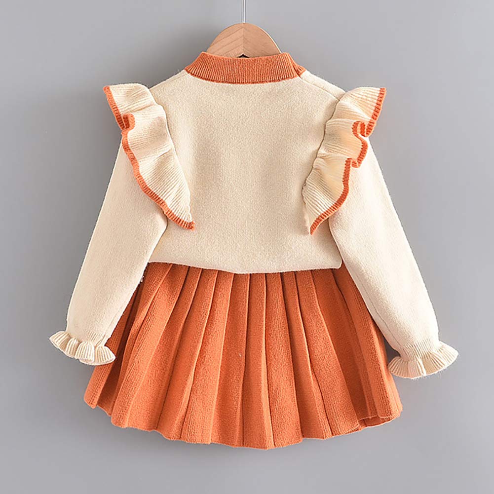 Toddler Baby Girls Autumn Winter Clothes Crochet Knitted Button up Long Sleeve Ruffle Bowknot Sweater Tops+Pleated Mini Tutu Skirt 2pcs Outfit Princess Dress up Costume for Kids Orange 3-4 Years