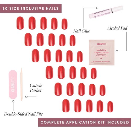 Glamnetic Press On Nails - Cherry Glaze | Short Round Bright Cherry Red Fake Nails with a Glaze Finish | 15 Sizes - 30 Nail Kit with Glue