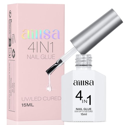 AILLSA 4 in 1 Nail Glue Gel for Acrylic Nail Tips, 15ML UV Nail Glue Long Lasting Brush On Nail Glues for Clear Fake Nail Tips and Rhinestone Pearl Foil, Lamp Curing Needed