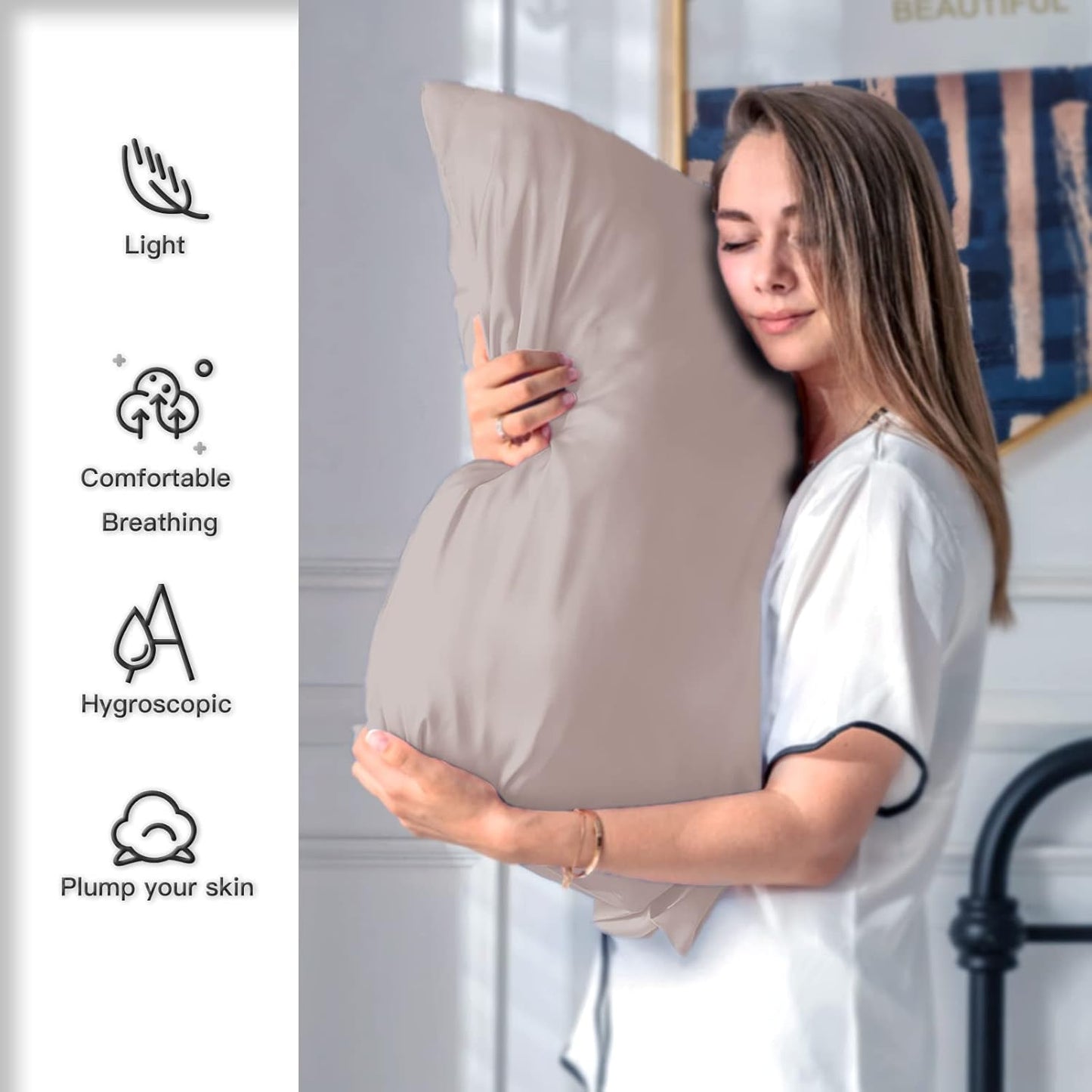 Mulberry Silk Pillowcase for Hair and Skin Standard Size 20"X 26" Pillow Case with Hidden Zipper Soft Breathable Smooth Cooling Covers for Sleeping(Apricot Gray,1Pcs)
