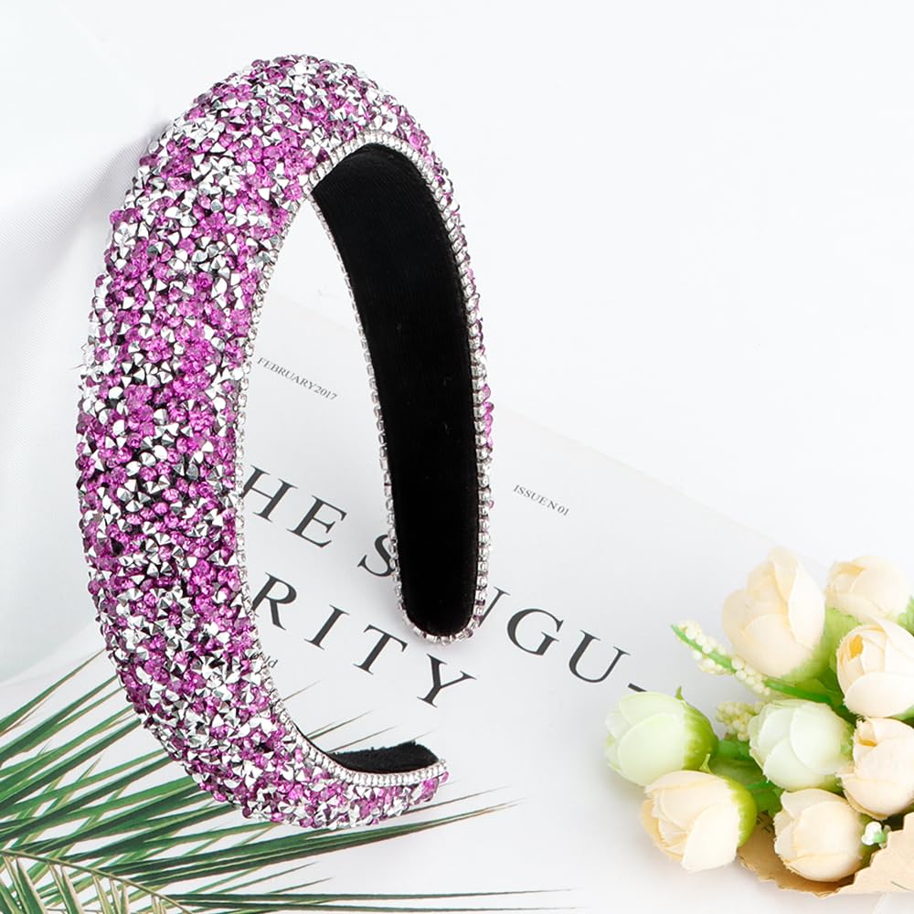 FASOTY Rhinestone Headband Women Fashion Handmade Hot Pink Headband Crystal Diamond Bling Headbands Hair Hoops Padded Headband Glitter Beaded Jeweled Hairband Sparkle Hair Accessories