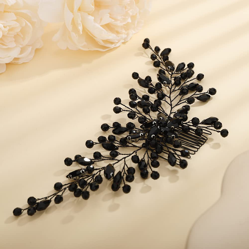 Teyglen Crystal Bride Wedding Hair Comb Bridal Black Hair Side Comb Headband Red Blue Green Crystal Hair Pieces Wedding Headpieces Hair Jewelry for Women Girls