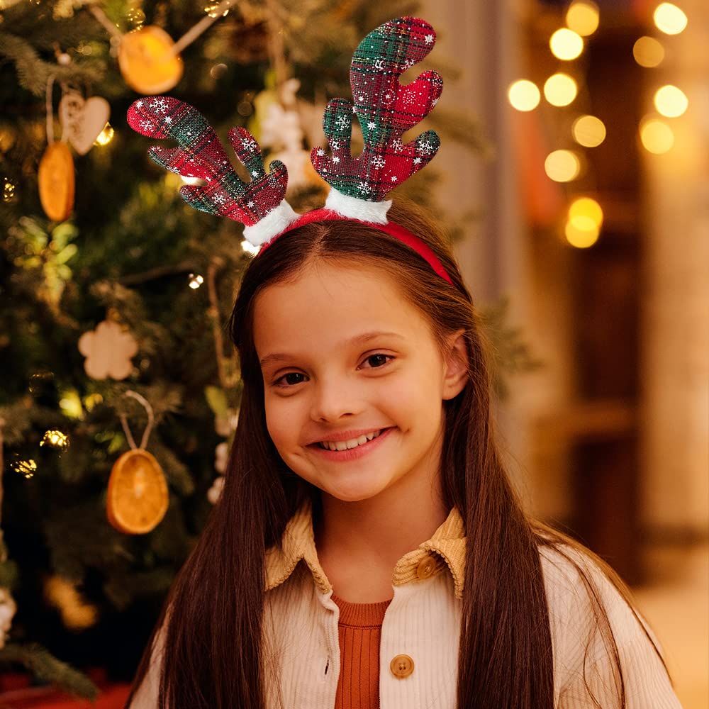 Madison Tyler Red and Green Plaid Christmas Reindeer Antlers Headband for Kids | Cute Soft Headbands for Christmas Party | Holiday Gifts for Girls and Women