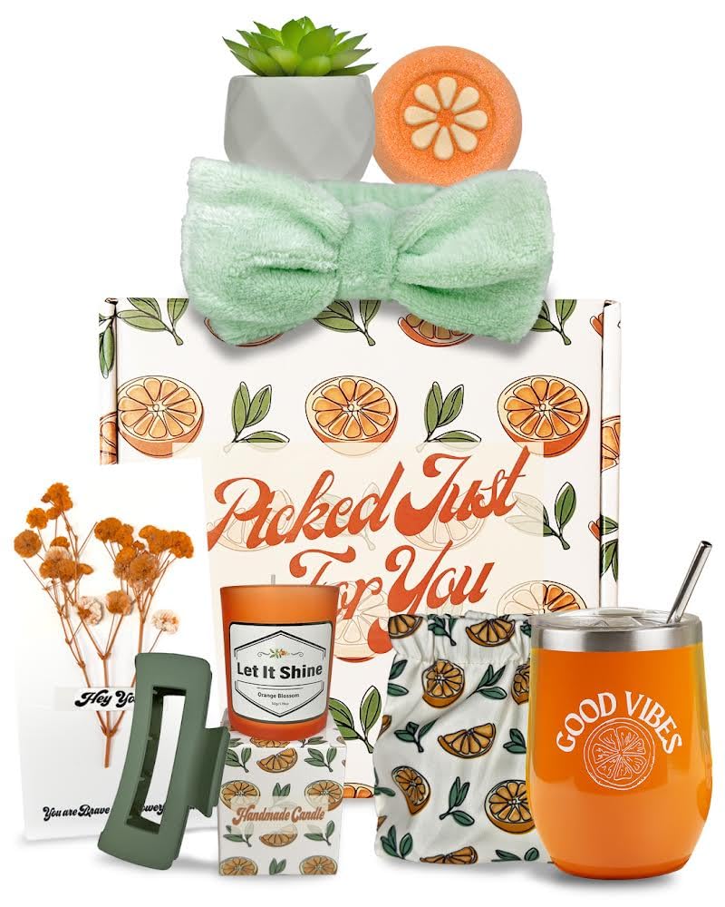 Sunny&Wise Orange Themed Gift Baskets for Women - Designed in USA - Care Package, Self Care Gifts, Get Well Soon, Thinking of You
