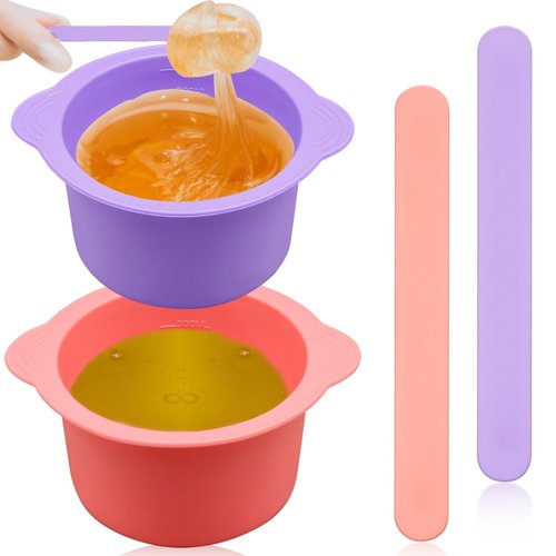 2Pcs Silicone Wax Warmer Liner, Silicone Wax Bowl for Wax Warmer, Non-Stick Wax Melt Warmer Wax Pot Replacement, Reusable Wax Melt Liner with 2 Pcs Wax Spatula Sticks for Hair Removal (Purple, Pink)