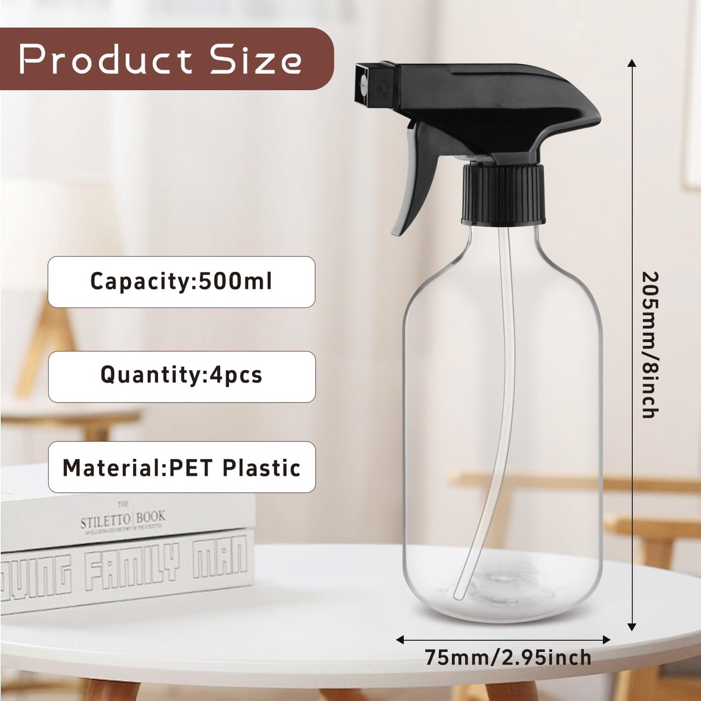 Skiennix 500ml Clear Boston Round Spray Bottles - Adjustable Nozzle for Fine Mist | Reusable Plastic Containers for Cleaning, Hair Care, Gardening
