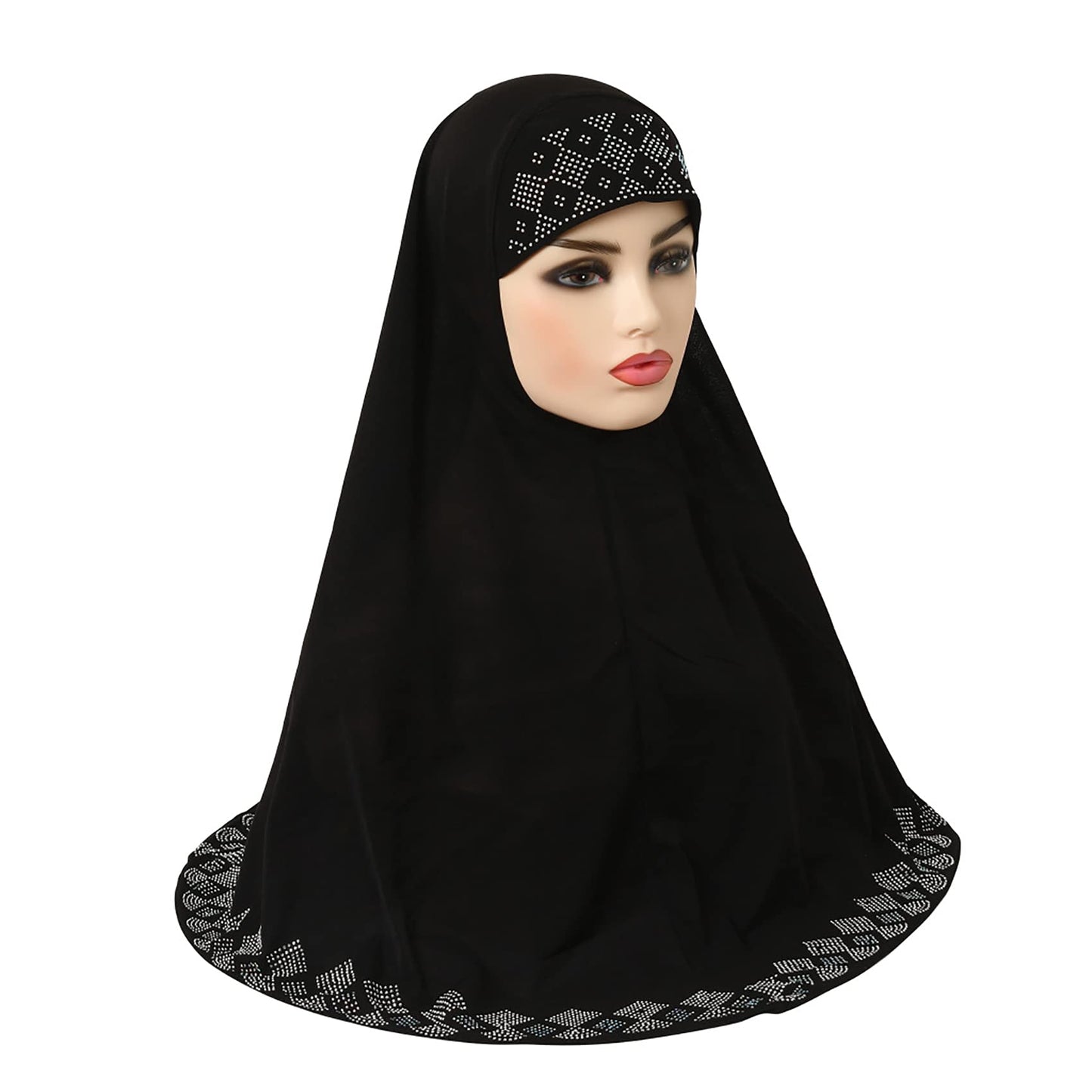 Women Glitter Rhinestone Muslim Turban Hijab Cap Modesty Long Head Wrap Scarf Shawl Black