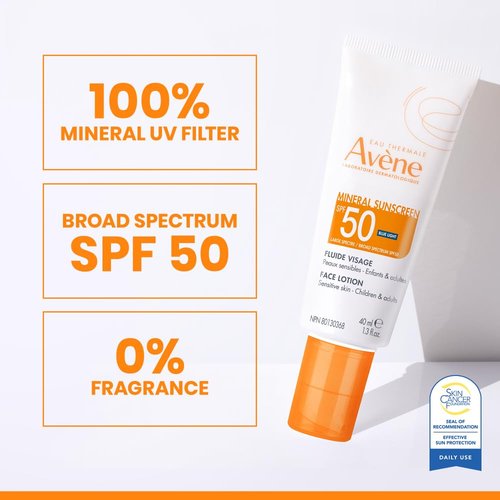 Avène Mineral Sunscreen SPF 50 - Fast Absorbing Face Lotion with Zinc Oxide & Bisabolol | 1.3 oz