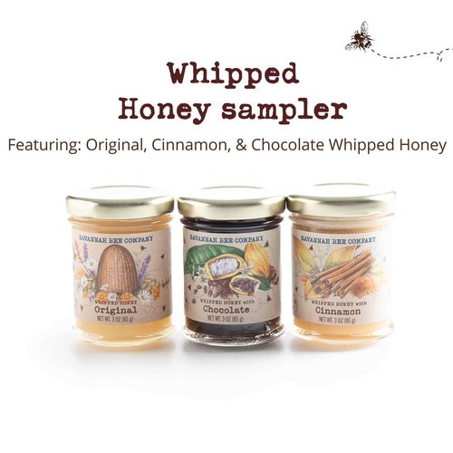 Savannah Bee Company Honey Sample Set - Whipped Honey Variety - Original, Chocolate & Cinnamon Flavors