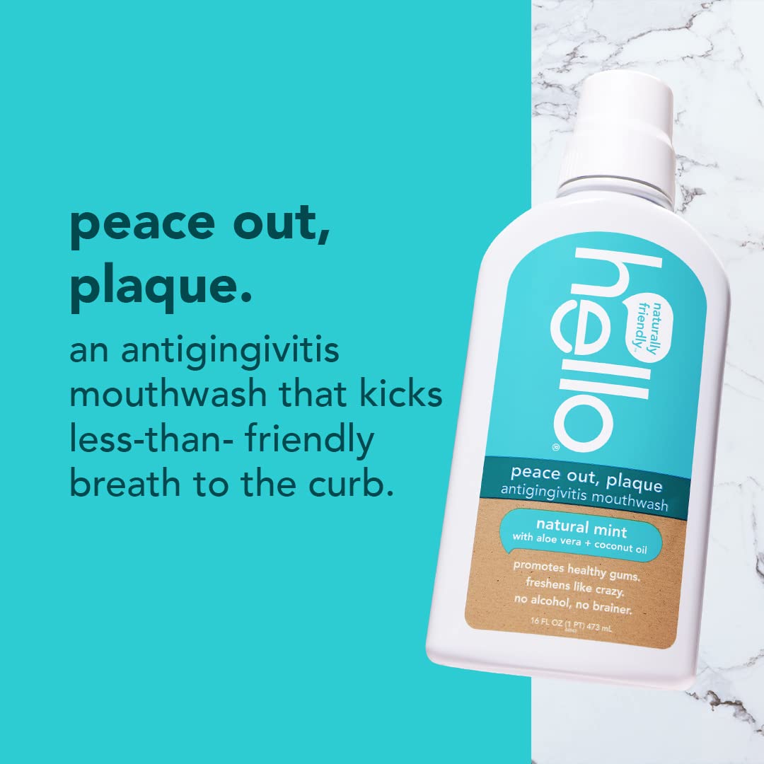 Hello Peace Out Plaque, Antigingivitis Alcohol Free Mouthwash, Natural Mint with Aloe Vera & Activated Charcoal Epic Teeth Whitening Fluoride Free Toothpaste and Toothbrush