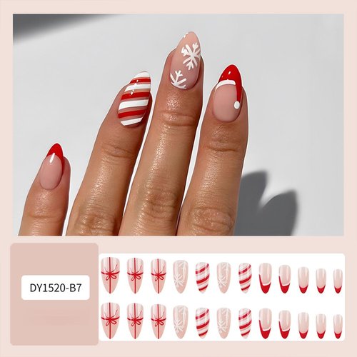 Christmas Press on Nails Short Almond Fake Nails, Xmas Hat Tip Nails Press Ons with White Snowflake Bow Designs Glue on Nails Full Cover False Nails Glossy Acrylic Nails for Women 24Pcs