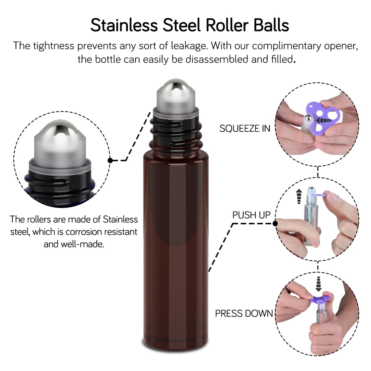 PrettyCare Roller Bottles For Oils 10 ml (Amber Glass, 12 Pack, 1 Extra Stainless Steel Balls, 12 Labels, 1 Opener, 1 Funnels Essential Oil Roller Bottles