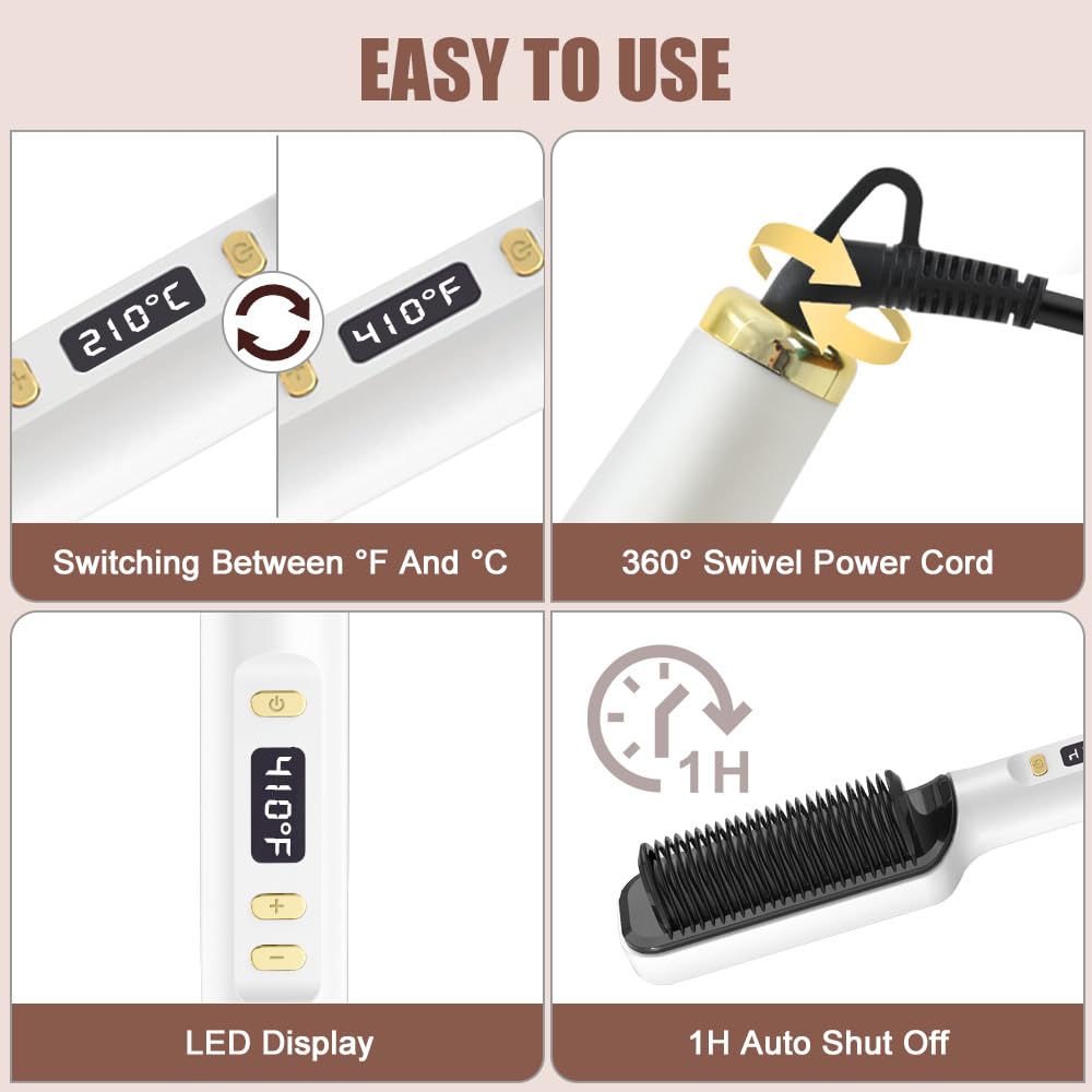 Swagon Anion Hair Straightener Brush,Negative Ion Hair Straightening Styling Comb,Hot Brush Ring Comb with LED Screen,Anti-Scald, Auto-Off, Fast Heating,30 Temp Settings for Home,Travel & Salon