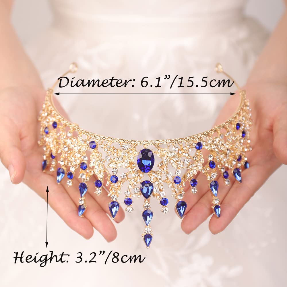 JWICOS Baroque Queen Crown for Women Rhinestone Wedding Crown Blue Tiara Costume Party Hair Accessories for Birthday Prom Pageant Party (Blue)