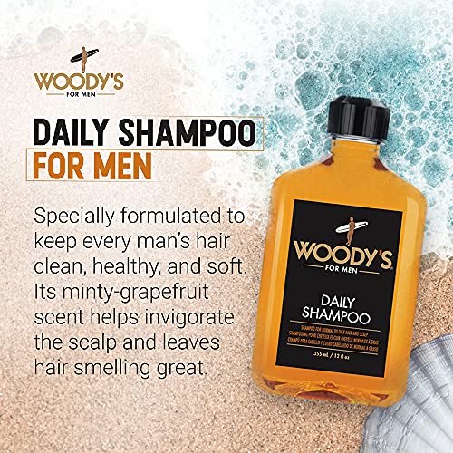 Woody's Men's Daily Shampoo with Vitamin B5, E, Aloe Vera, Ginger, Nourishing Cleanser for All Hair Types, 12 Fl Oz