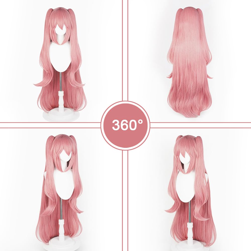 SEISAIDO Long Pink Wig + Headwear Anime Cospaly Wig with Two Ponytails for Halloween Christmas Party